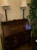      Antique secretary; pair of barley twist lamps