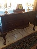 Dining room server or entry table; mantel clock; "chandelier" lamps