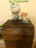 Antique chest; "Gone With the Wind" lamp; Hull pottery