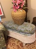  Antique wicker bench with upholstered cushion
