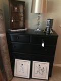    5- drawer black chest; antique curio cabinet; Norman Rockwall prints; mid-century lamp