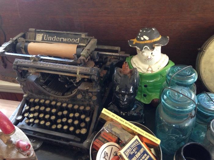 underwood typewriter , wizard of oz scarecrow cookie jar , blue mason jars 