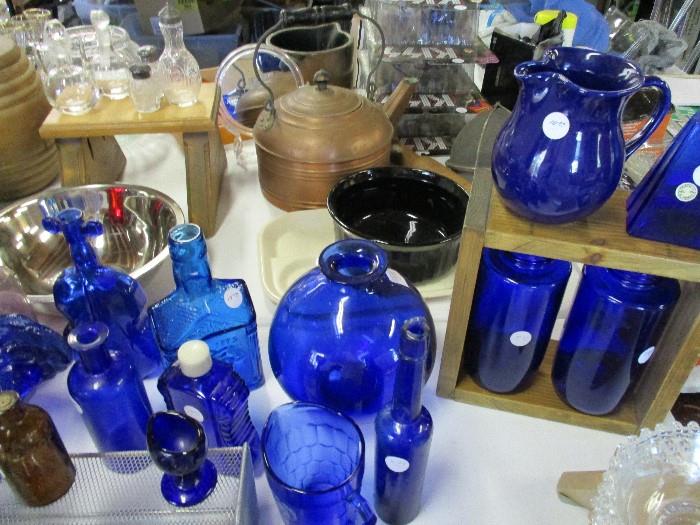      BLUE GLASS BOTTLES AND COBALT ITEMS