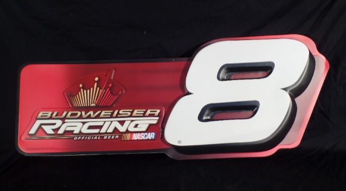 www.CTOnlineAuctions.com/SandhillsNC                    #8 Budweiser Racing wall sign, 3D, 8 is embossed, little holes for hanging, same on both sides