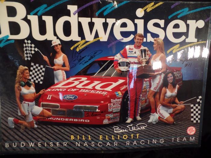 www.CTOnlineAuctions.com/SandhillsNC       Budweiser NASCAR #11 Racing Team, laminated poster, signed by Bill Elliott (driver), Tim Brewer (crew chief) and Junior Johnson (team owner)