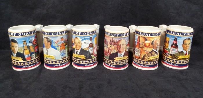 www.CTOnlineAuctions.com/SandhillsNC                  A Legacy of Quality
(6) Anheuser-Busch Steins, 'A Legacy of Quality' Series, including:
     - August Busch Sr., 2002
     - August Busch Jr., 2004
     - August Busch III, 2005
     - August Busch IV, 2007
     - Adolphus Busch, 2001
     - Adolphus Busch III, 2003