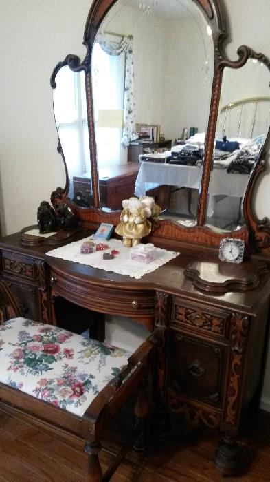 antique mirror/vanity/stool -- hand craved Bavarian style 