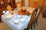 Drew dining table with 2 leaves and 8 chairs - glassware and china