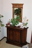 Console cabinet, figurines, mirror