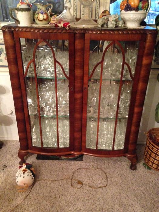 Antique walnut china display and lots of vintage glassware