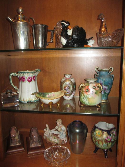 VARIETY OF COLLECTIBLES  (note:  silver shaker on top shelf - has been removed from sale) 