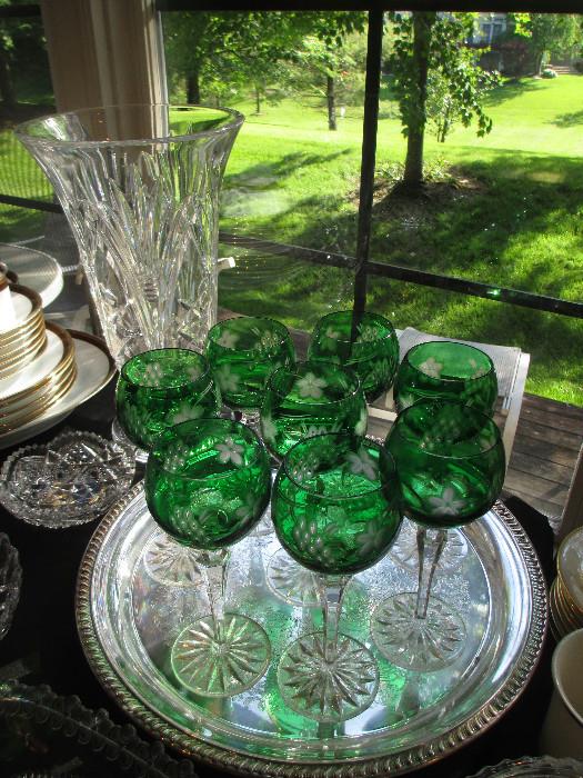 BOHEMIAN GREEN CUT TO CLEAR HOCK GOBLETS
