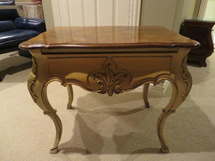 PAINTED FRENCH PROVINCIAL SIDE TABLE WITH BURLED TOP AND SINGLE DRAWER