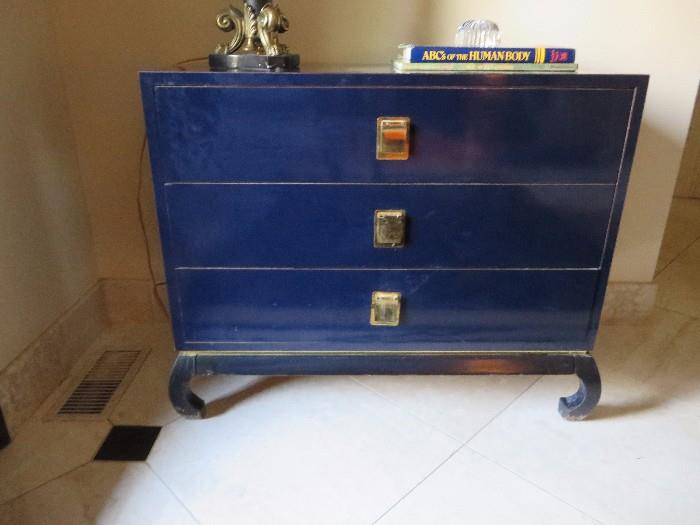 NAVY LACQUER 3 DRAWER CHEST
WITH GOLD ACCENTS
