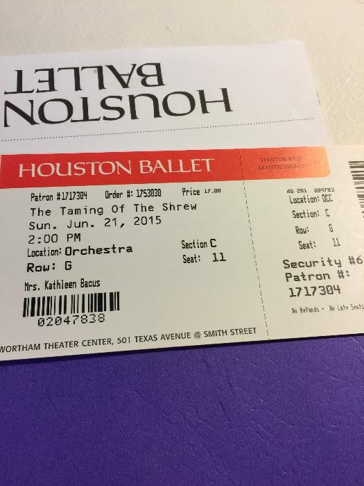 2 tickets Houston Ballet, June 21, 2015
