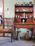 Pine Shop two piece ladies writing desk, and an antique Rush seat chair