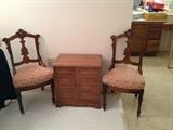 2 Victorian Eastlake chairs and a maple cabinet (inside vertical slots are perfect for storing record albums).