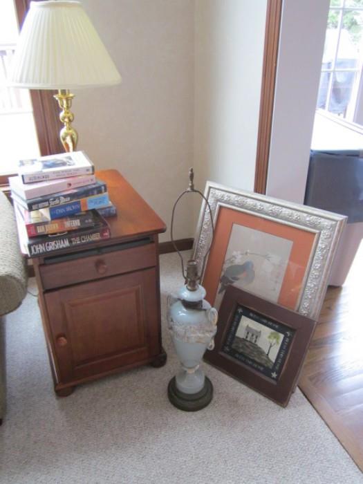 One of a pair of end tables and pictures