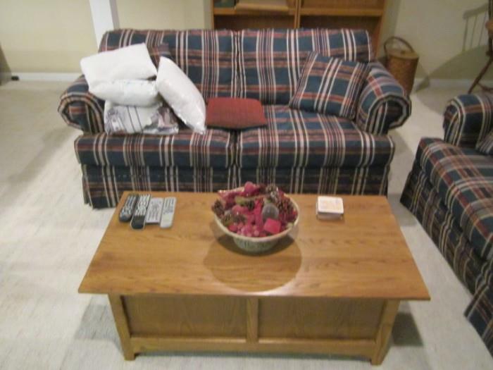 Pair Hickory Hill plaid loveseats. and coffee table.