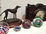 Glass paperweights, camera clock