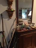 Cane collection, small chest and mirror