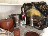 Large lithographed tray, wine glasses, ice buckets