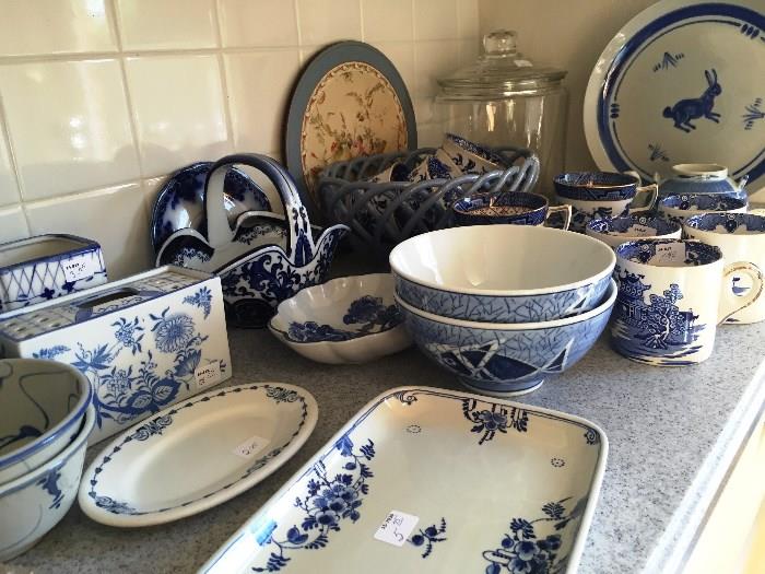 Assorted blue and white dishes