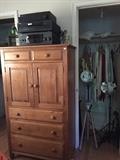 Tall pine chest, photography tripods and lights