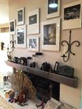 Brass fireplace screen, signed photographs, decoratives