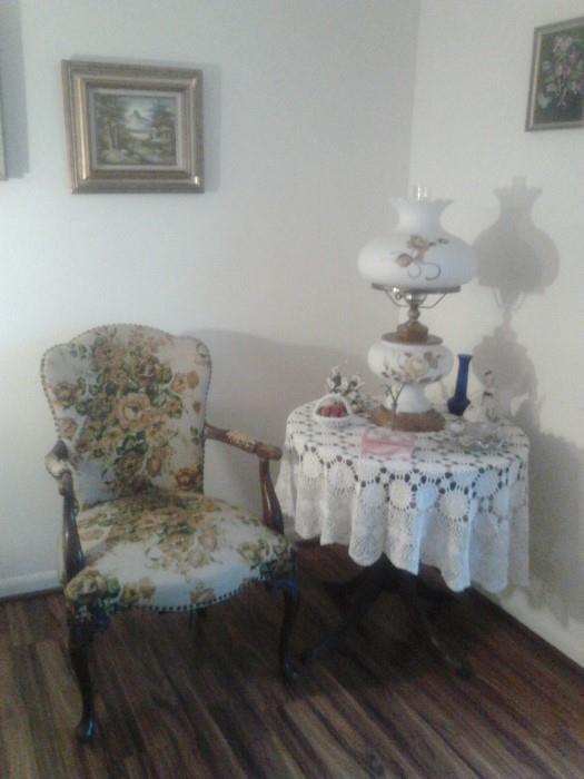 Antiques, Chair, Barrel Table, Hurricane Lamp