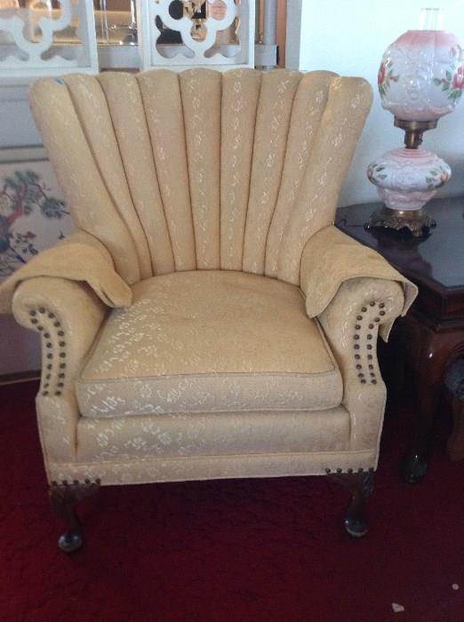 Soft Gold Shell-back upholstered Chair in pristine condition and lamp with faces molded in glass base and shade