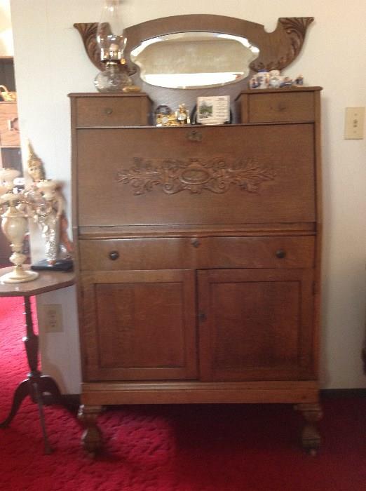 Lovely applied carving and beveled mirror drop front secretary desk