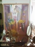 Mirrored Vanity Table and large watercolor signed artist unknown