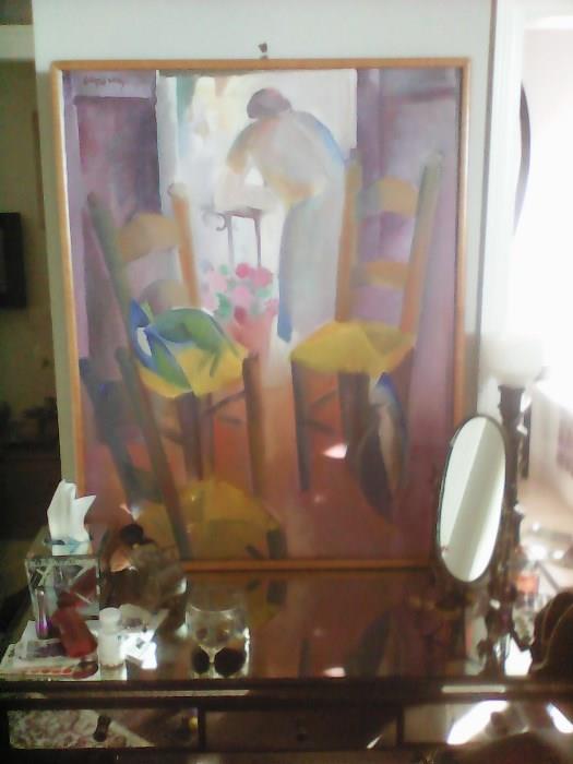 Mirrored Vanity Table and large watercolor signed artist unknown