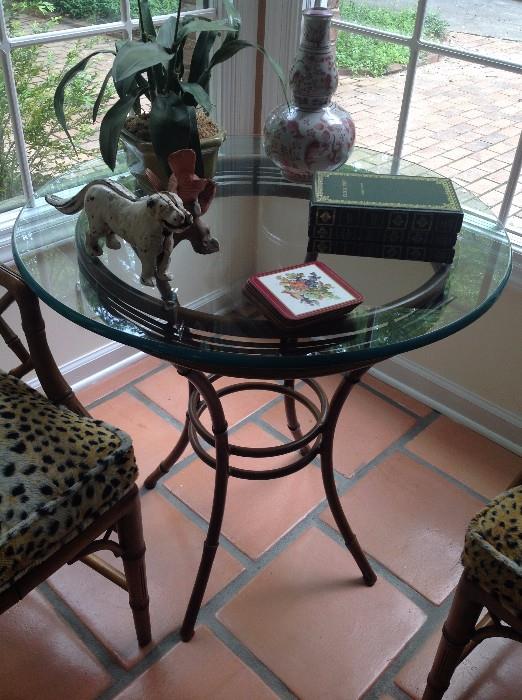 Round Rattan Look Metal Based Table w/ Glass Top