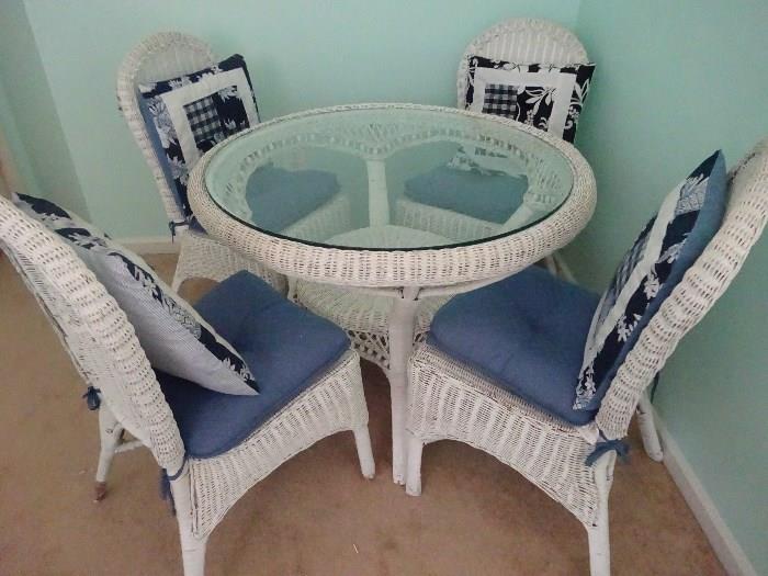 Beautiful Sea Blue Wicker Chairs with Pillows and Table with Glass  