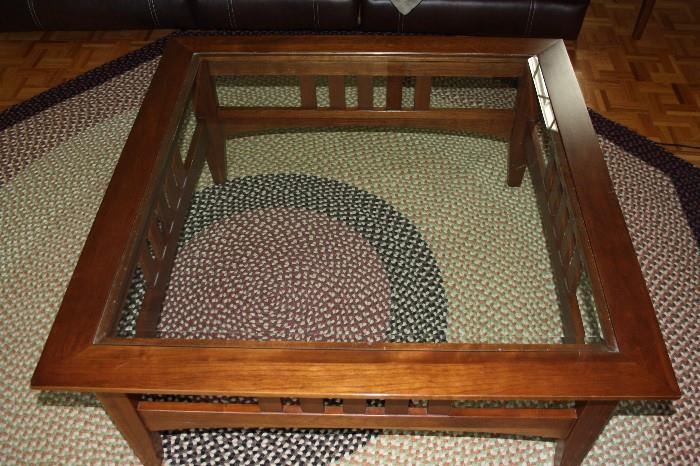 Ethan Allen Coffee Table - Glass Top- 38" Square, 17" High