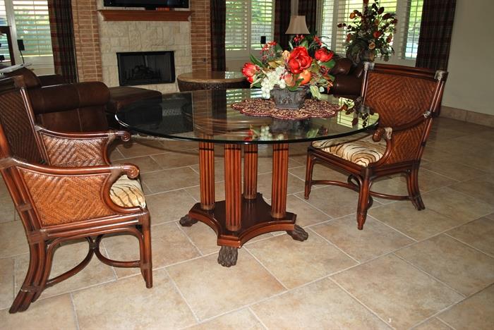 glass & rattan round dining table & 4 chairs-(other 2 chairs not in pic) $595