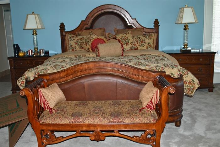 bernhardt king bed set- w/ leather accents-consists of pillow top cantwell mattress set- bed shown 2 night stands-triple dresser & mirror $3500- bench shown $385 