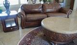 leather sofa -1 end table & round coffee table-