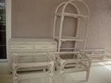 Assorted pieces, cane tables with glass tops, Etagere