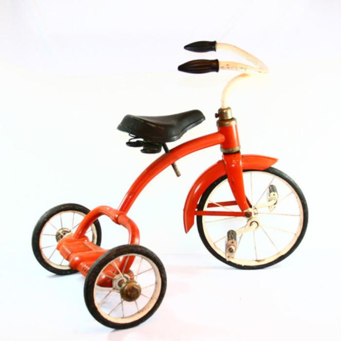 c1940s Early Vintage Orange Finish Tricycle
Condition: Expected Wear to Finish Seat and Wheels.
Shipping: No
Size:  27.5"L x 23.25"H x 19"W 