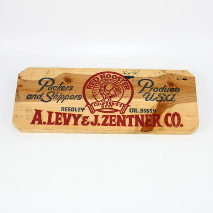 Wood Crate-End Sign "Red Rooster Produce" A. Levy & J. Zentner Co.
Condition: Very Good
Shipping: Yes
Size:  14" x 5.5" x 5/8"