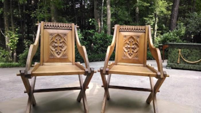 Pair Gothic Altar Chairs, Carved wood:                      37.5" H X 27.5" W X 20" D