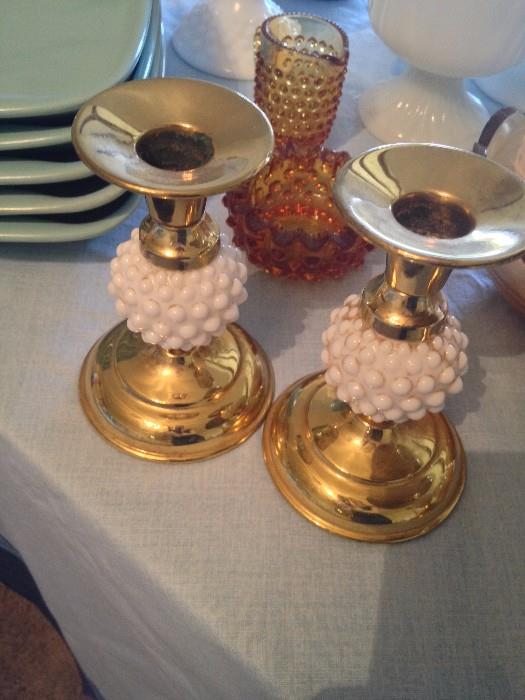Vintage Hobnail Milk Glass and Brass Candlestick Holders
