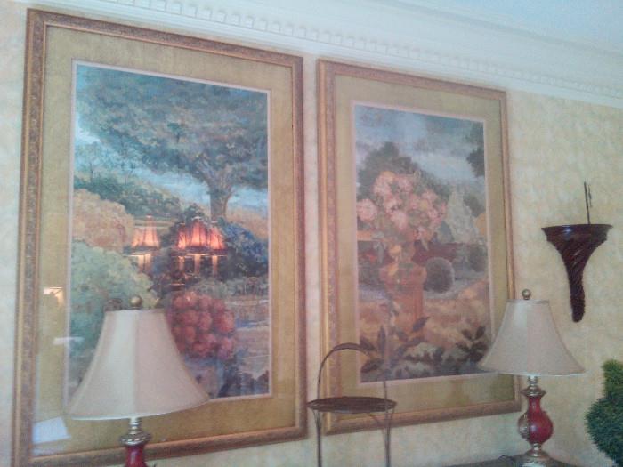 Large Beautifully framed Matching Prints.  The wall sconces are solid wood.  