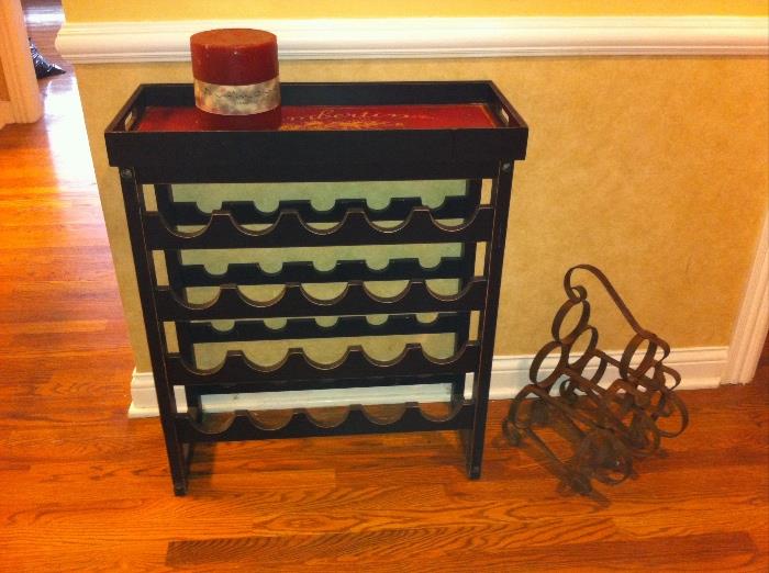 Wooden wine rack with top tray; small wire wine rack.