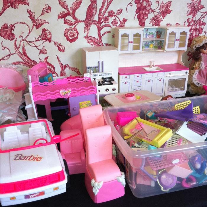 Barbie car, furniture and Barbie-size kitchen with accessories.