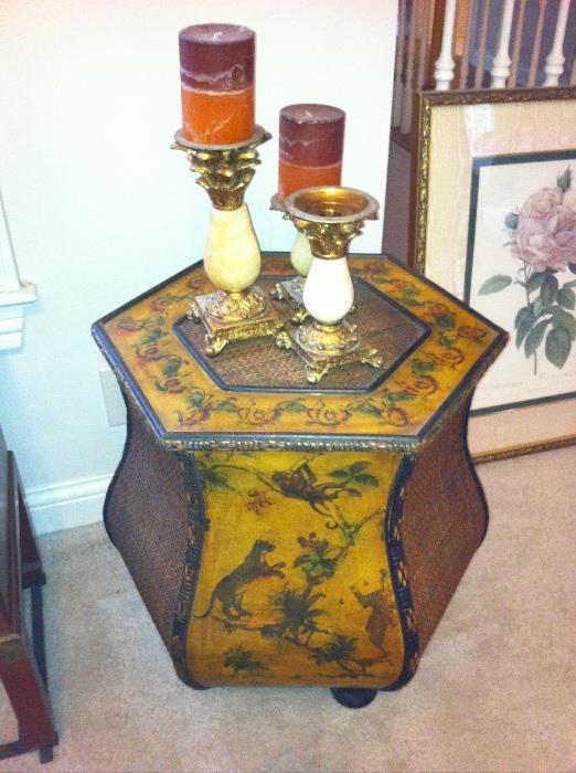 5-sided decorative table, candleholders.