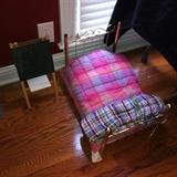 American Girl brass bed (one knob missing), bedding and chalk board.